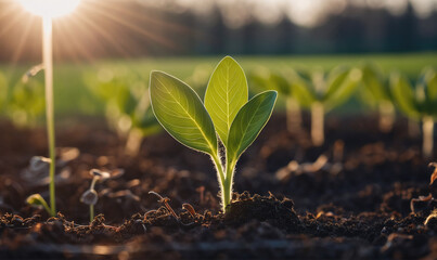 A young plant with two leaves grows in the sunlight, surrounded by other seedlings