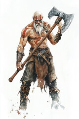 Wall Mural - Watercolor of Older barbarian warrior, wielding a huge greataxe