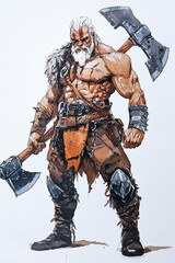 Wall Mural - Watercolor of Older barbarian warrior, wielding a huge greataxe