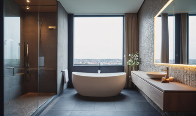 Wall Mural - A modern bathroom with a freestanding tub, large window, and a view of the city