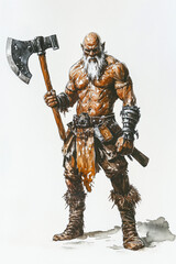 Wall Mural - Watercolor of Older barbarian warrior, wielding a huge greataxe