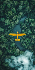 Yellow plane flying over dense green forest aerial view