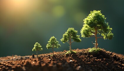 Emerging miniature trees basking in sunlight on a small patch of soil, symbolizing growth and resilience