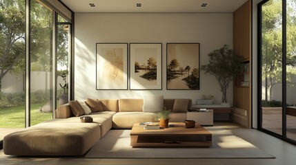 Sticker - Modern living room with large windows, cozy sofa, and natural light in a serene outdoor setting during the afternoon