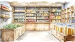 © vanilnilnilla - Watercolor Depiction of a Sustainable Zero-Waste Grocery Store with Neatly Organized Bulk Bins and Reusable Containers