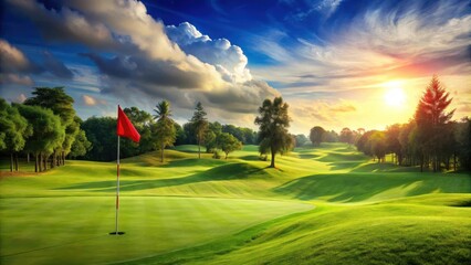 Scenic golf course with lush green landscape, red flags, and blue sky