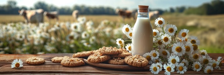 A glass of milk is on a table next to a plate of cookies and a bunch of daisies