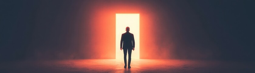 Wall Mural - person stepping through a doorway into bright light, representing a new beginning