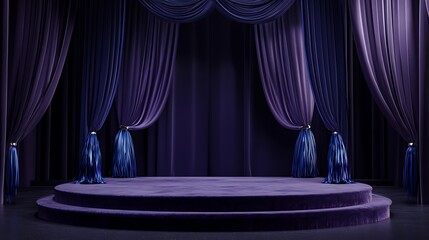 Elegant Champagne Curtain with Sapphire Blue Tassels on Stage for Acting Award Ceremony | Photorealistic 3D Render with Ultra-Detailed Design