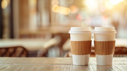 Two cups of coffee sit on a wooden table in a cafe