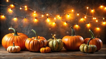 Pumpkins and string lights for a festive Halloween and Thanksgiving party decor on a dark holiday background