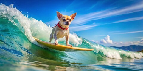 Chihuahua Surfing a Wave with a Yellow Surfboard, Bright Blue Sky, Ocean, Dog Surfing, Surfing Dog, Summer Fun