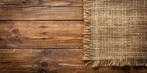 Poster - Rustic burlap texture on wooden table surface