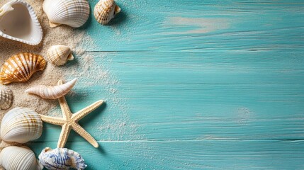 A beautiful blue wooden plank background with a scattering of seashells and a starfish on a bed of sand, perfect for summer, beach, and ocean-themed designs.