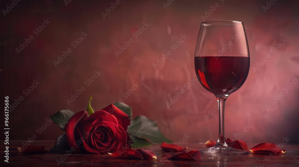romantic still life featuring a glass of red wine and a single rose ...