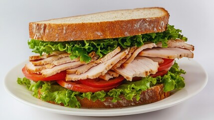 Wall Mural - A delicious sandwich filled with fresh ingredients like lettuce, tomatoes, and turkey, neatly arranged on a white plate against a clean white background.