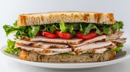 Wall Mural - A delicious sandwich filled with fresh ingredients like lettuce, tomatoes, and turkey, neatly arranged on a white plate against a clean white background.