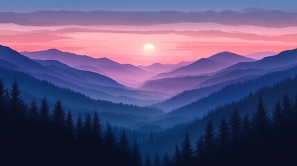 A breathtaking panoramic view of a mountain range bathed in the soft glow of sunrise. Layers of forested hills rise to meet the sky, with a single sun peeking over the horizon, creating a sense of won