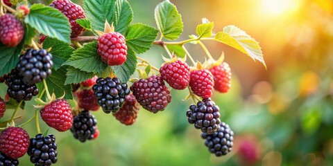 blackberry plant with ripe blackberries on branch, bramble fruit growing in summer