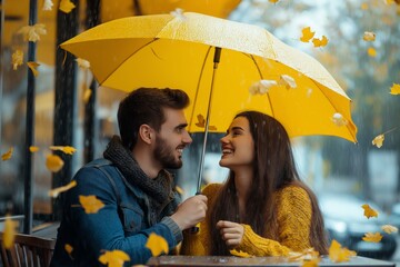 Sticker - A couple is standing under a yellow umbrella in the rain. They are smiling and enjoying each other's company