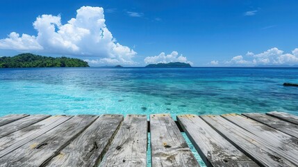 serene seascape with a weathered wooden table in the foreground framing a view of a distant tropical island crystalclear turquoise waters and a cloudless blue sky