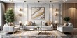© Yellow Blossom - Elegant Living Room with White Sofa and Gold Accents, 3D Rendering, Interior Design, Modern, Luxury, Home Decor, Living Room Design