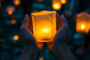 hands holding a glowing lantern during a festival, with the warm light symbolizing hope and celebration