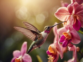 A colorful hummingbird with iridescent feathers hovers near bright pink flowers, feeding in warm sunlight.