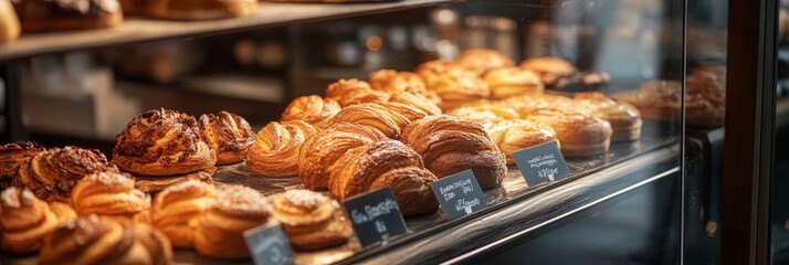 A close-up of freshly baked pastries displayed in a bakery's glass case, showcasing the golden-brown crusts, fluffy textures, and inviting aroma of freshly baked goods. The image symbolizes indulgence