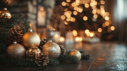 Wall Mural - A close-up of sparkling gold Christmas ornaments nestled in lush greenery with a warm, inviting bokeh of Christmas lights in the background. This image evokes feelings of joy, warmth, and celebration.