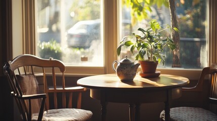 This cozy breakfast nook features a round wooden table paired with two cushioned chairs, illuminated by warm sunlight streaming through large windows