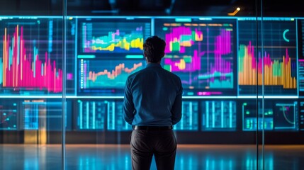 Wall Mural - The data analyst observes various screens displaying vibrant charts and graphs, analyzing real-time data in a sleek, high-tech office setting