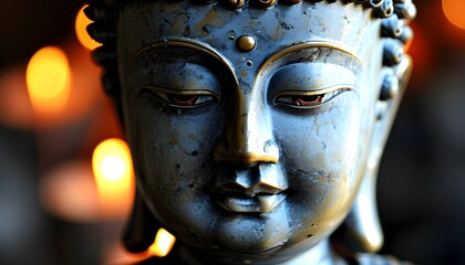 serene contemplation of the Buddhas face illuminated by gentle, blurred lights, evoking deep tranquility and spiritual insight