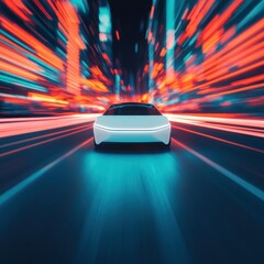 electric vehicle of the future, with a visible, high-performance battery, zooming through a hyper-ad