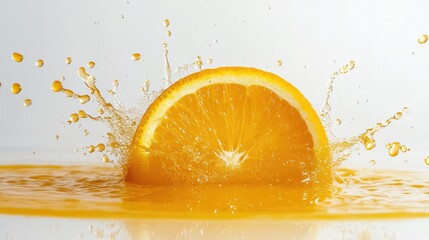 An action shot of a slice of orange hitting a pool of orange juice, creating a splash with detailed droplets, set against a clean white backdrop