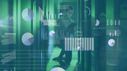 Wall Mural - Animation of data processing with icons over caucasian businesswoman using tablet in server room