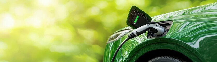 Close-up of a car charging at an electric vehicle charging station, with real-time battery data on a connected app, EV charging station connection, green tech
