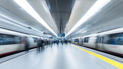 Wall Mural - A bustling metro platform at rush hour showcases commuters navigating sleek architecture as trains arrive, creating a vibrant atmosphere filled with movement