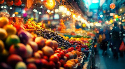 Wall Mural - Vendors display an array of fresh fruits and vegetables at a lively marketplace, with shoppers browsing colorful stalls under bright lights, creating an energetic atmosphere