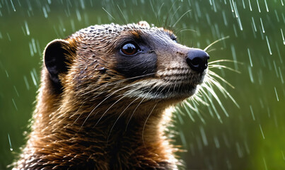 Wall Mural - a close-up of a brown and black civet standing in the rain, looking up