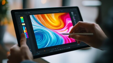 Wall Mural - A graphic designer focuses on crafting vivid digital art on a tablet. The display showcases swirling colors in a bright, inspiring workspace filled with natural light