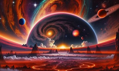 Wall Mural - Futuristic cosmic animation with deep space, galaxy, and futuristic cityscape on planet. Bright cosmic animation with illustrations transformations and metamorphose. AI generated cinematic video