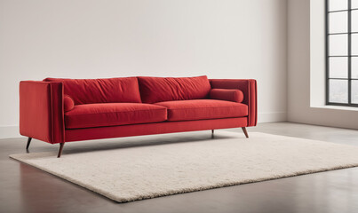 A red velvet sofa sits on a white rug in a modern living room