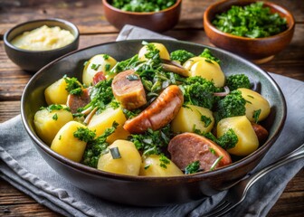 Hearty winter dish featuring boiled potatoes, kale, and sausage, served hot and steaming, garnished with chopped