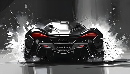 Minimalistic black and white line drawing of a hypercars rear, enhanced by dramatic ink splatters capturing speed and motion dynamics