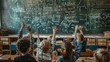 © Lakkhana - Kids in a classroom raising their hands to answer a math question, with a chalkboard full of equations behind them