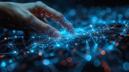 Finger touching a digital, glowing connection on a dark blue background, a technology and business concept with a hand holding a virtual polygon mesh line network for global online communication. 