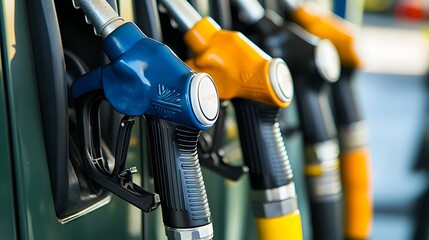 Blue, Yellow, and Black Fuel Nozzles at a Gas Station