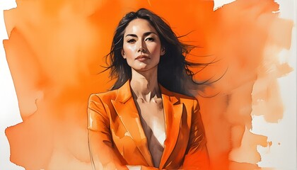 Elegant businesswoman exuding confidence, captured in watercolor with soft lines and a warm orange color scheme, dressed in a stylish suit.