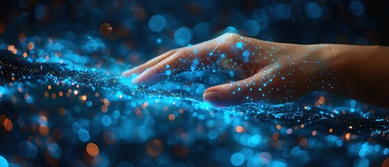 Finger touching a digital, glowing connection on a dark blue background, a technology and business concept with a hand holding a virtual polygon mesh line network for global online communication. 